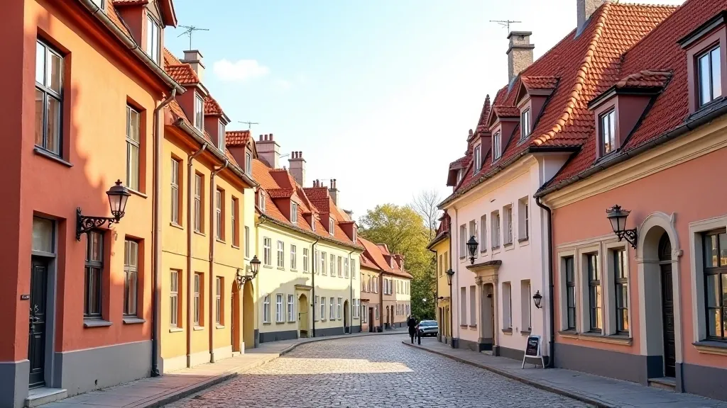 Historic medieval buildings in Rīga Old Town with red tile roofs and cobblestone streets, golden hour light