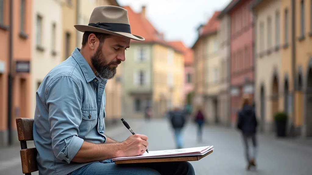 Artist sketching in Rīga Old Town square with buildings and tourists in background