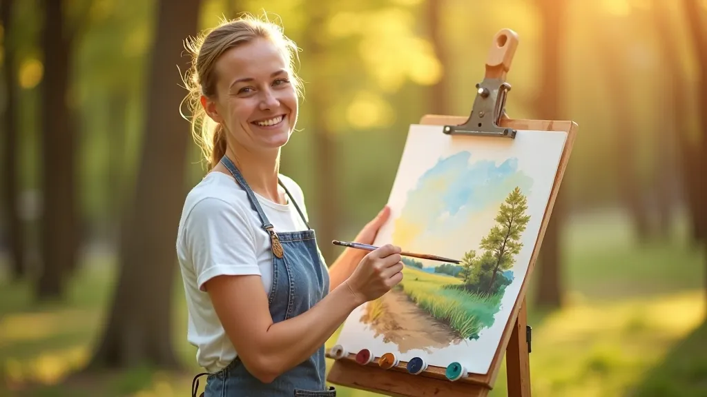 Watercolor artist holding completed painting of Latvian landscape outdoors in natural light, smiling at their work