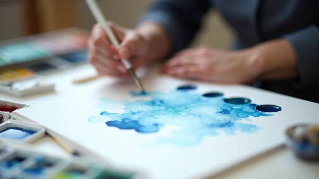 Artist's hand mixing watercolors on palette, demonstrating blue and green combinations for seascape painting