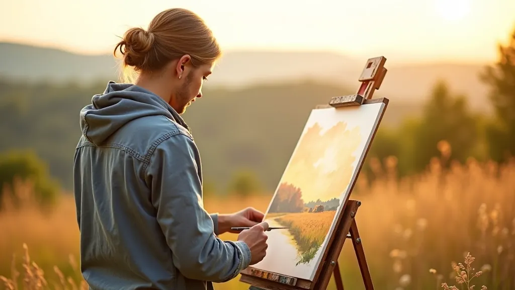 Artist painting watercolor landscape overlooking Latvian countryside with green hills and distant forest