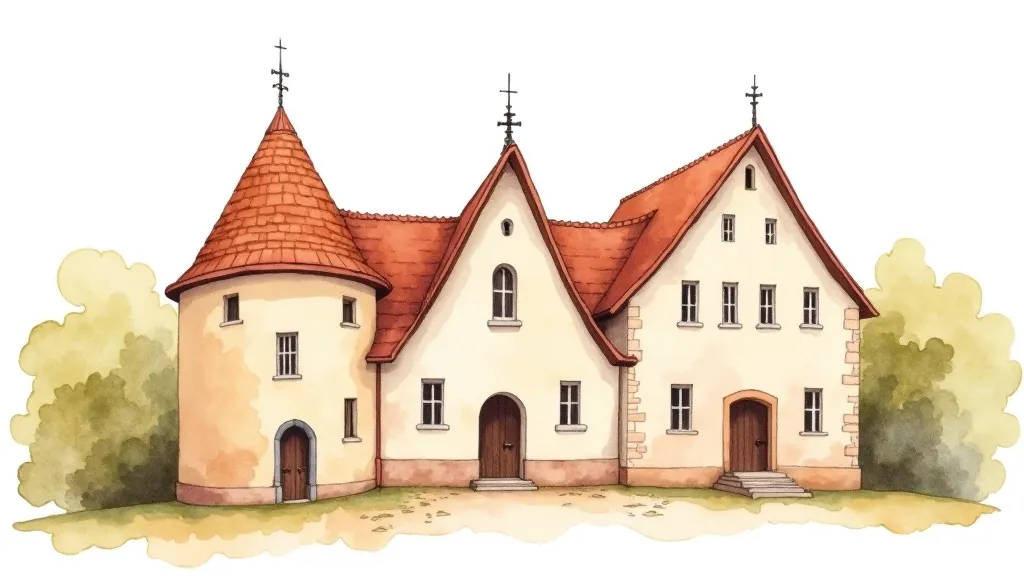 Watercolor sketch of Three Brothers buildings in Rīga showing warm ochre and red tones