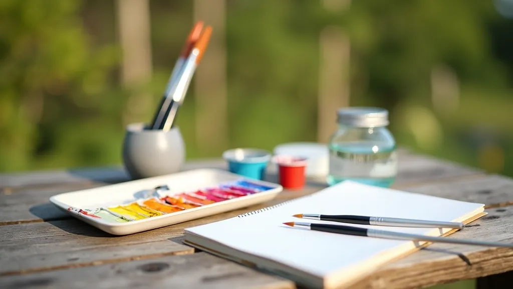 Close-up of artist's portable watercolor palette with brushes and water container set up on a table outdoors in natural light