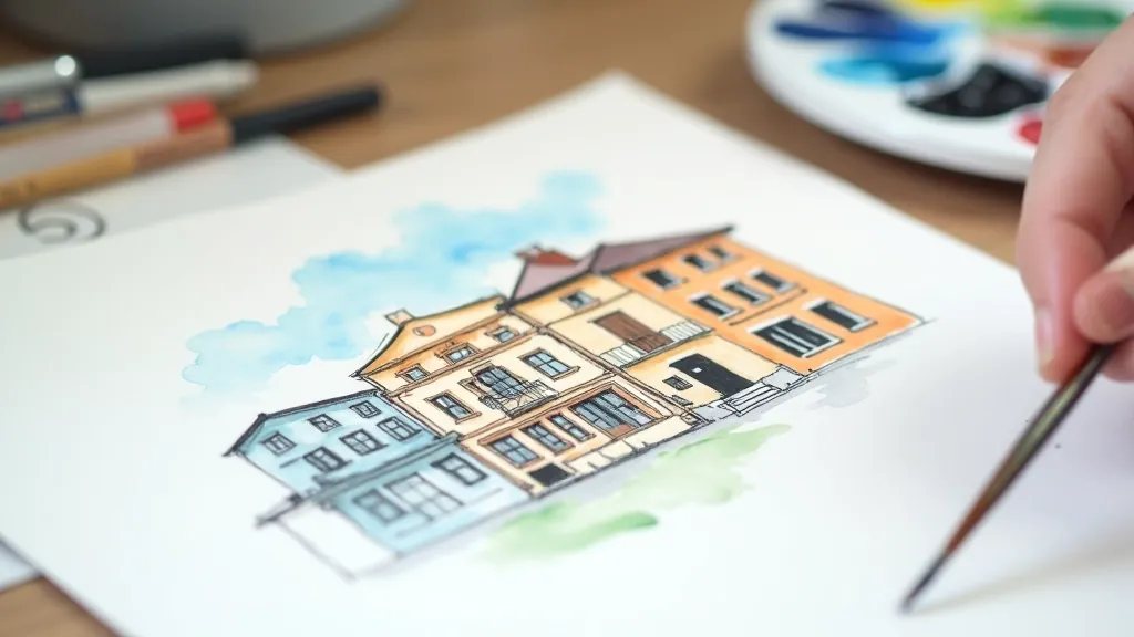Close-up of watercolor sketch showing building facades with wet-on-wet technique application