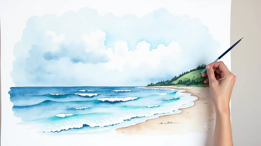 Seascape watercolor painting showing dramatic Baltic Sea waves and moody sky at sunset