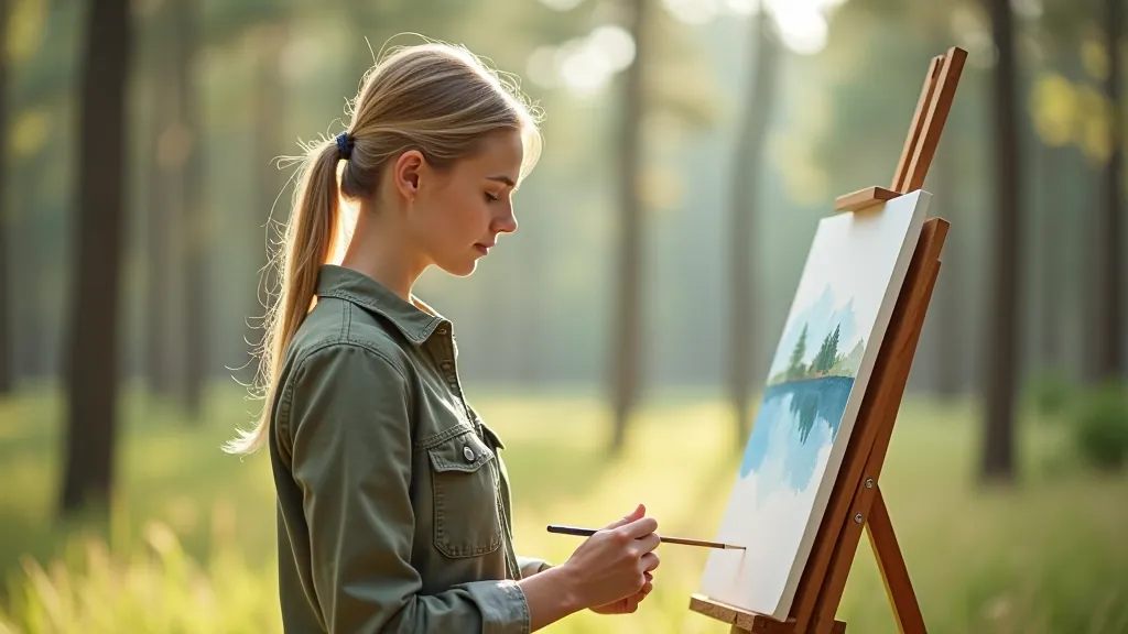 Artist painting watercolor landscape outdoors with Latvian pine forest in background