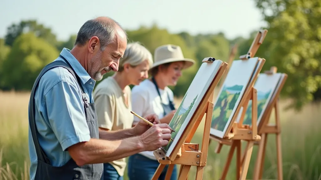 Multiple artists working on watercolor paintings outdoors in a natural landscape setting with easels and supplies visible