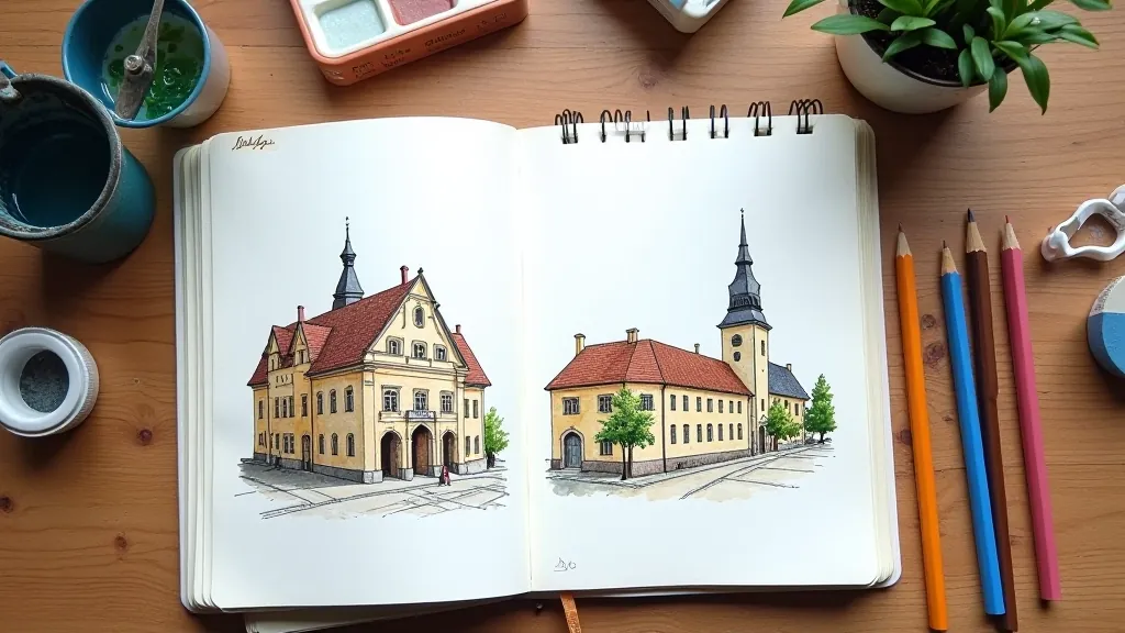 Urban sketching notebook showing quick watercolor studies of historic buildings in Rīga Old Town