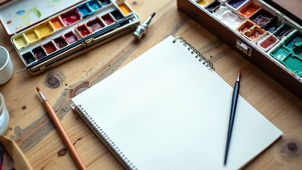 Artist's travel kit with watercolor set, brushes, water container, and sketchbook laid out on wooden surface