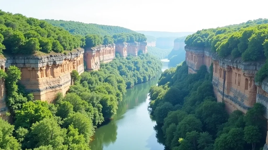 Scenic view of Gauja River gorge with sandstone cliffs, forested slopes, and winding river creating a dramatic landscape for painting