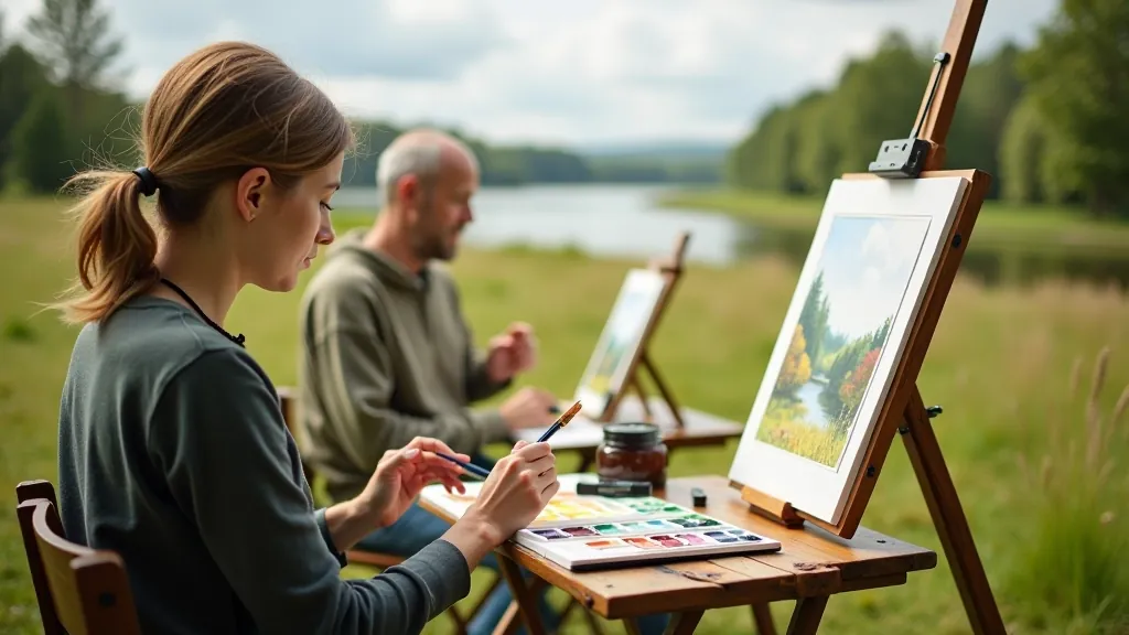 Artists engaged in plein air painting in beautiful Latvian countryside