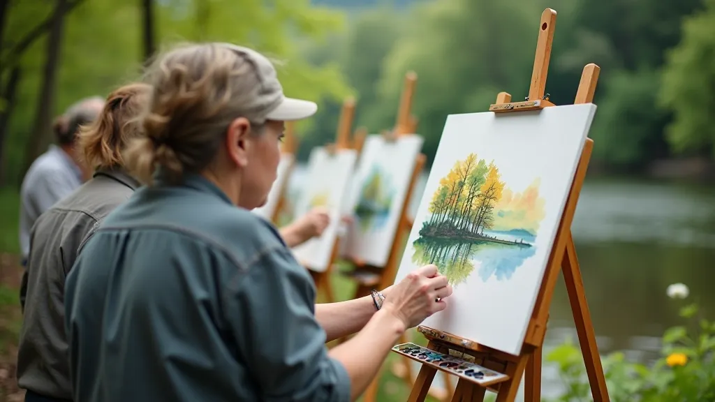 Group of artists painting outdoors in Gauja National Park with easels and watercolor supplies
