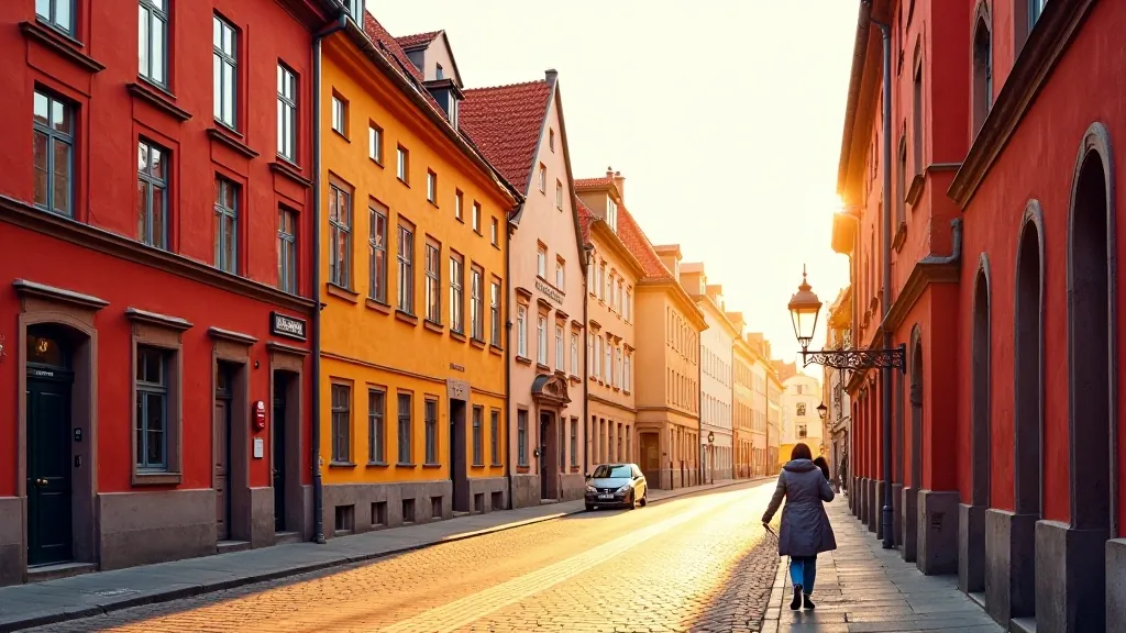 Golden hour light illuminating red brick medieval buildings in Rīga Old Town with long shadows