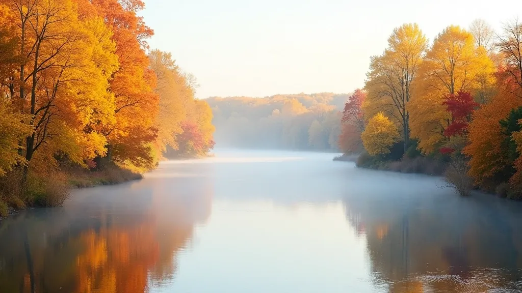 Autumn landscape in Gauja with golden foliage reflected in calm river water, misty morning atmosphere over the gorge