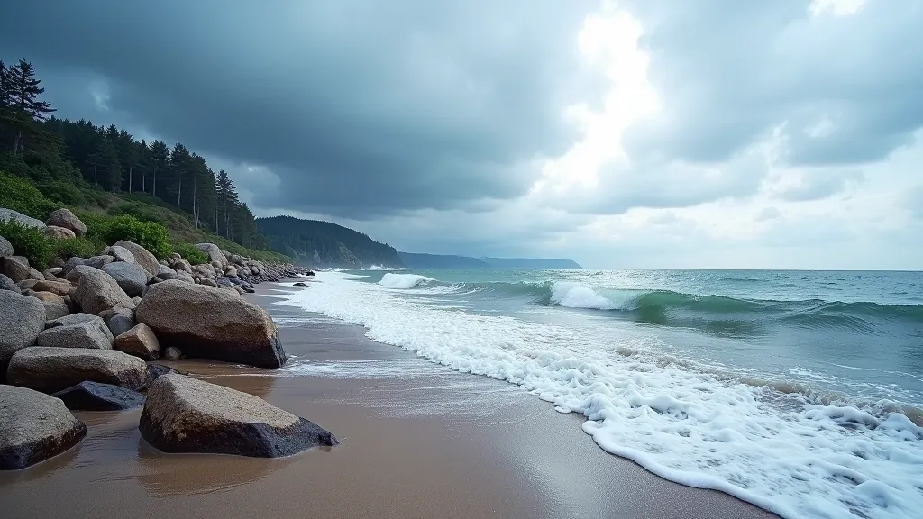Baltic Sea coastline with rocky shore and dramatic waves crashing against rocks, moody overcast sky