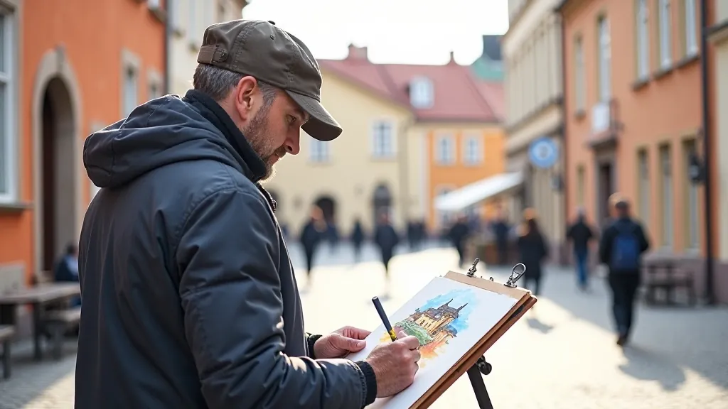 Urban sketcher capturing architecture of Rīga Old Town with watercolors
