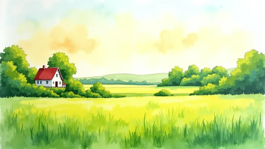 Beautiful watercolor landscape painting of Latvian countryside