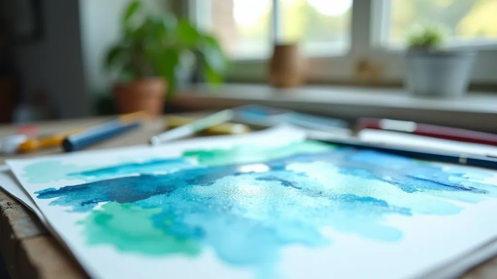 Close-up of watercolor palette showing blues, greens, and purples mixed for seascape painting, with wet brush strokes visible