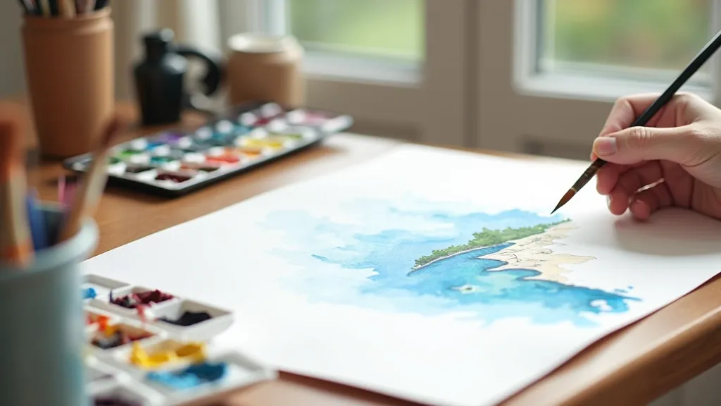 Watercolor palette with brushes on wooden table beside a painting of Baltic coastline