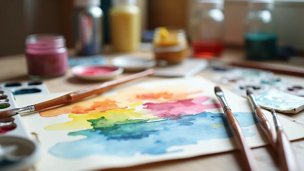 Watercolor palette with brushes and basic materials