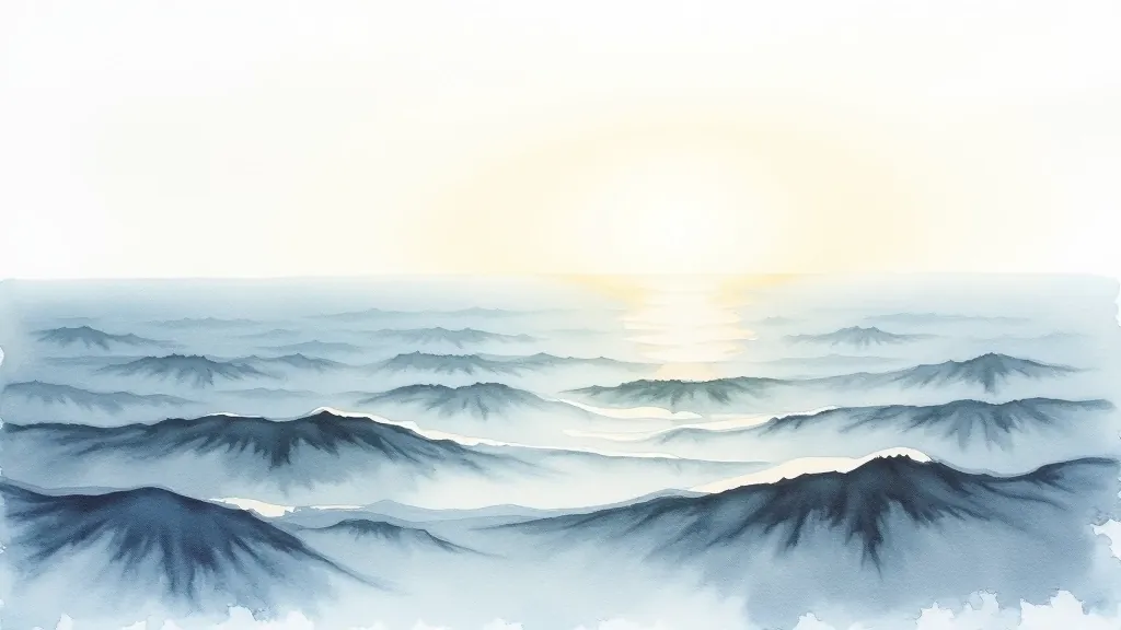 Watercolor seascape showing horizon line with atmospheric perspective, distant lighter waves and foreground darker water